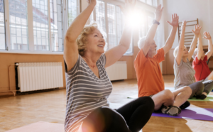 seniors enjoying the benefits of a senior living community with exercise classes
