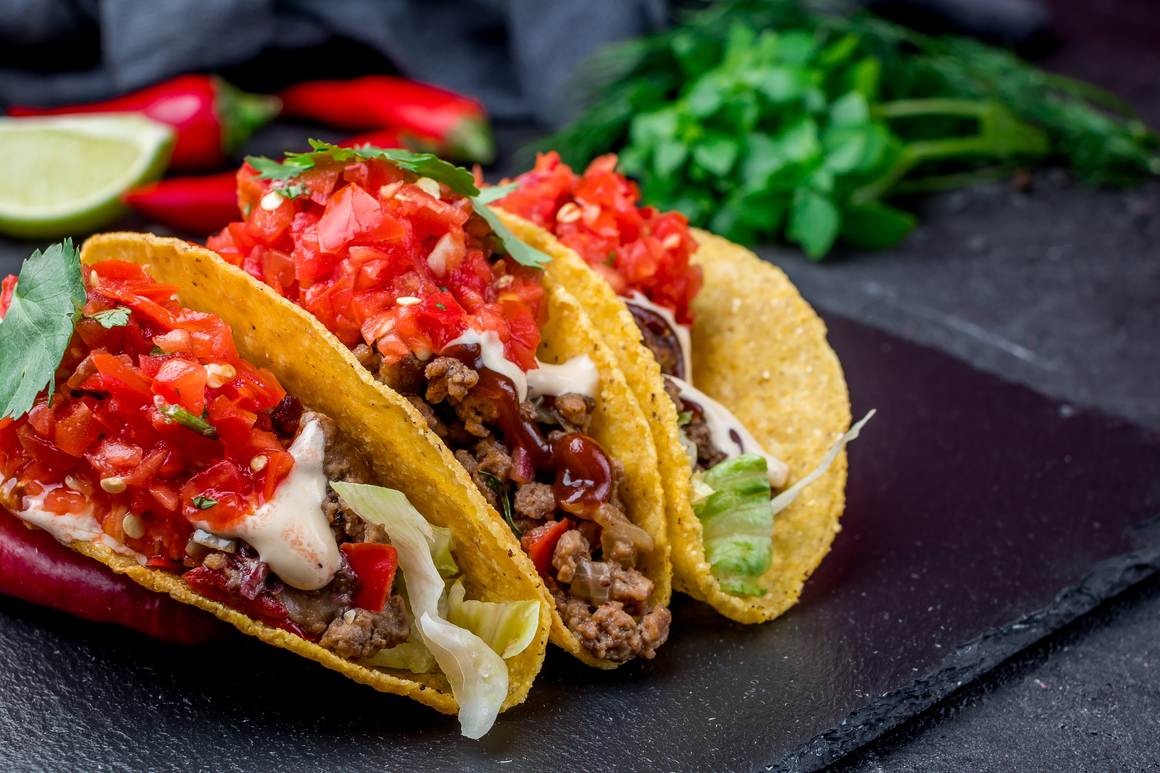 Mexican tacos with beef and guacamole
